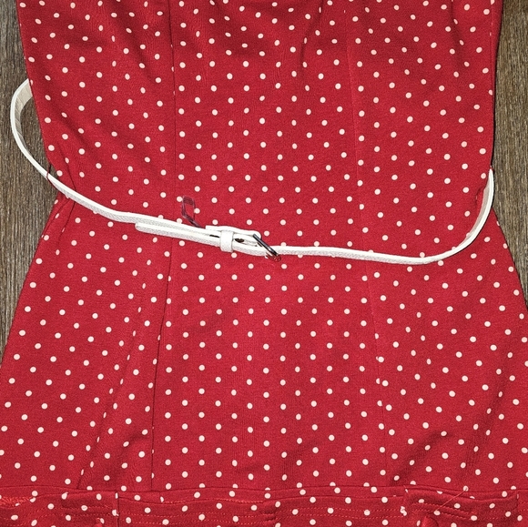 Unique Vintage Red and White Pencil Wiggle Cut Out Midi Dress W Belt SZ L Pin Up - Picture 13 of 15